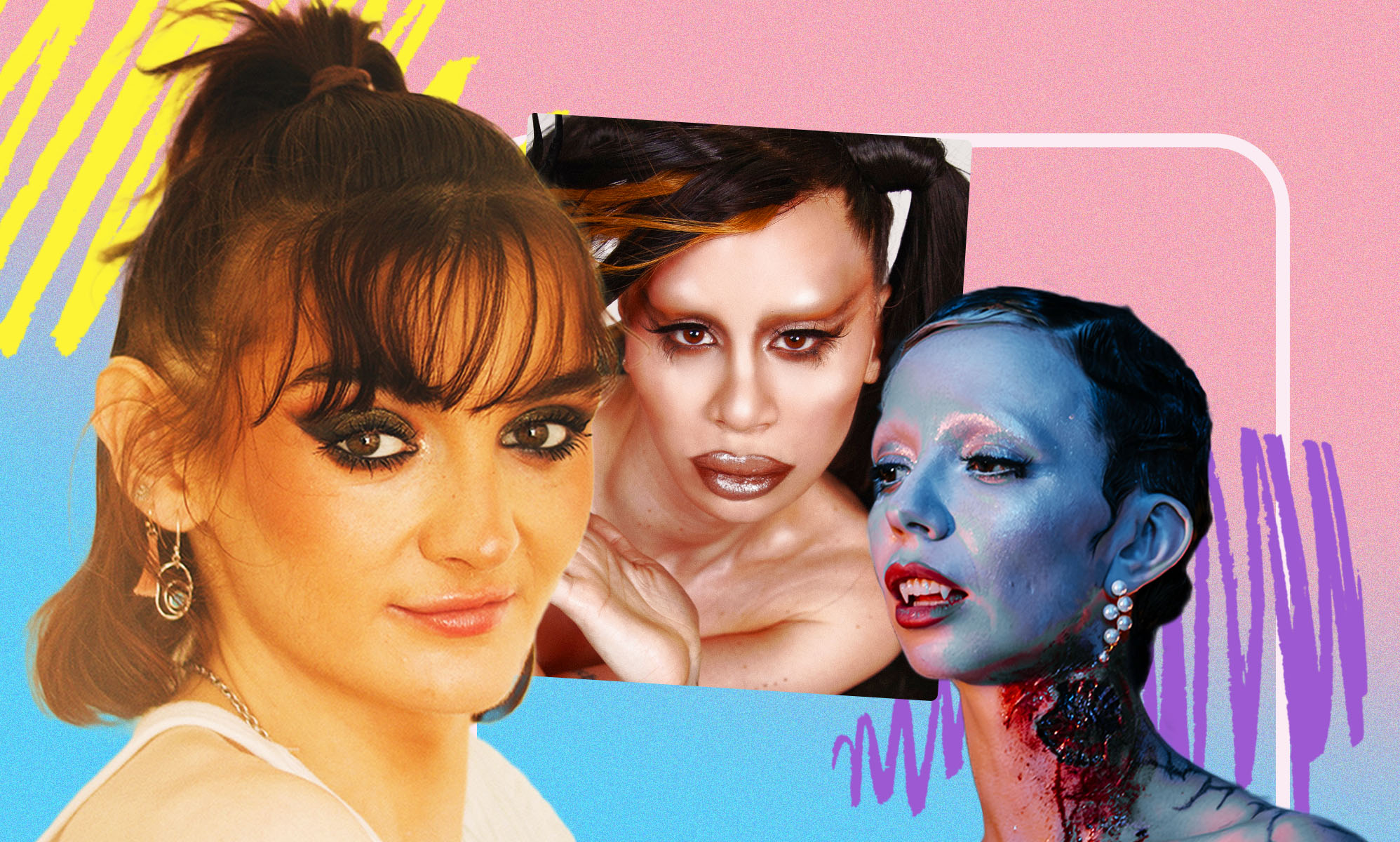 Trans musicians Anthony Lexa, Mel4Ever and Bambie Thug against a pink, blue, and white background.