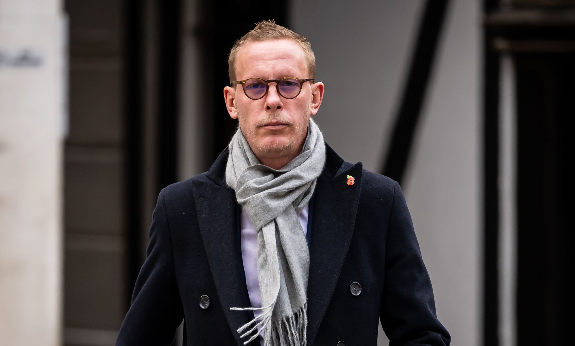 Laurence Fox arrives at the Royal Courts of Justice on 24 November 2023. Fox is being sued by former Stonewall trustee Simon Blake and drag artist Crystal, also known as Colin Seymour, after an online row in October 2020 in which Fox called the claimants