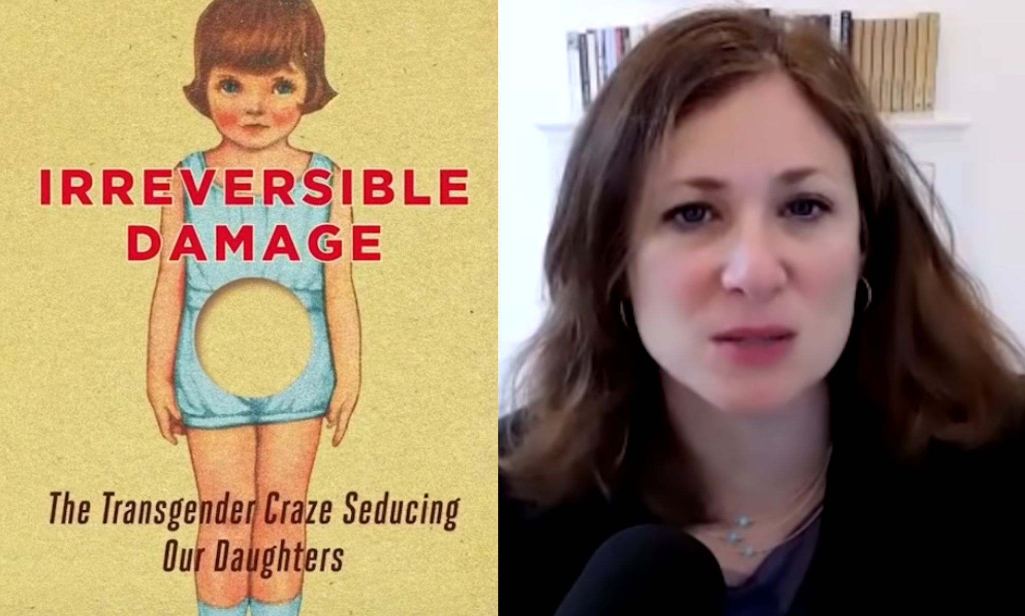 A side by side image of the book cover of Irreversible Damage and a screen shot from an interview that the book