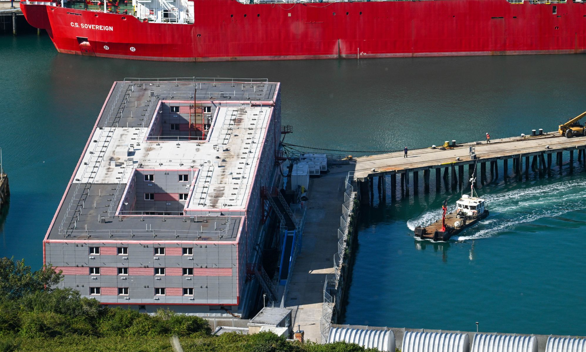 The Bibby Stockholm immigration barge in Portland Port