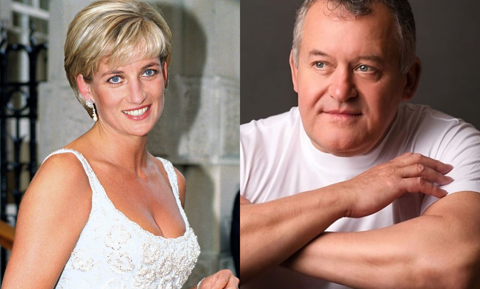 Collage of Princess Diana, a white woman with cropped blond hair, smiling, and Paul Burrell, a white man with greying hair wearing a white t-shirt, his arms crossed