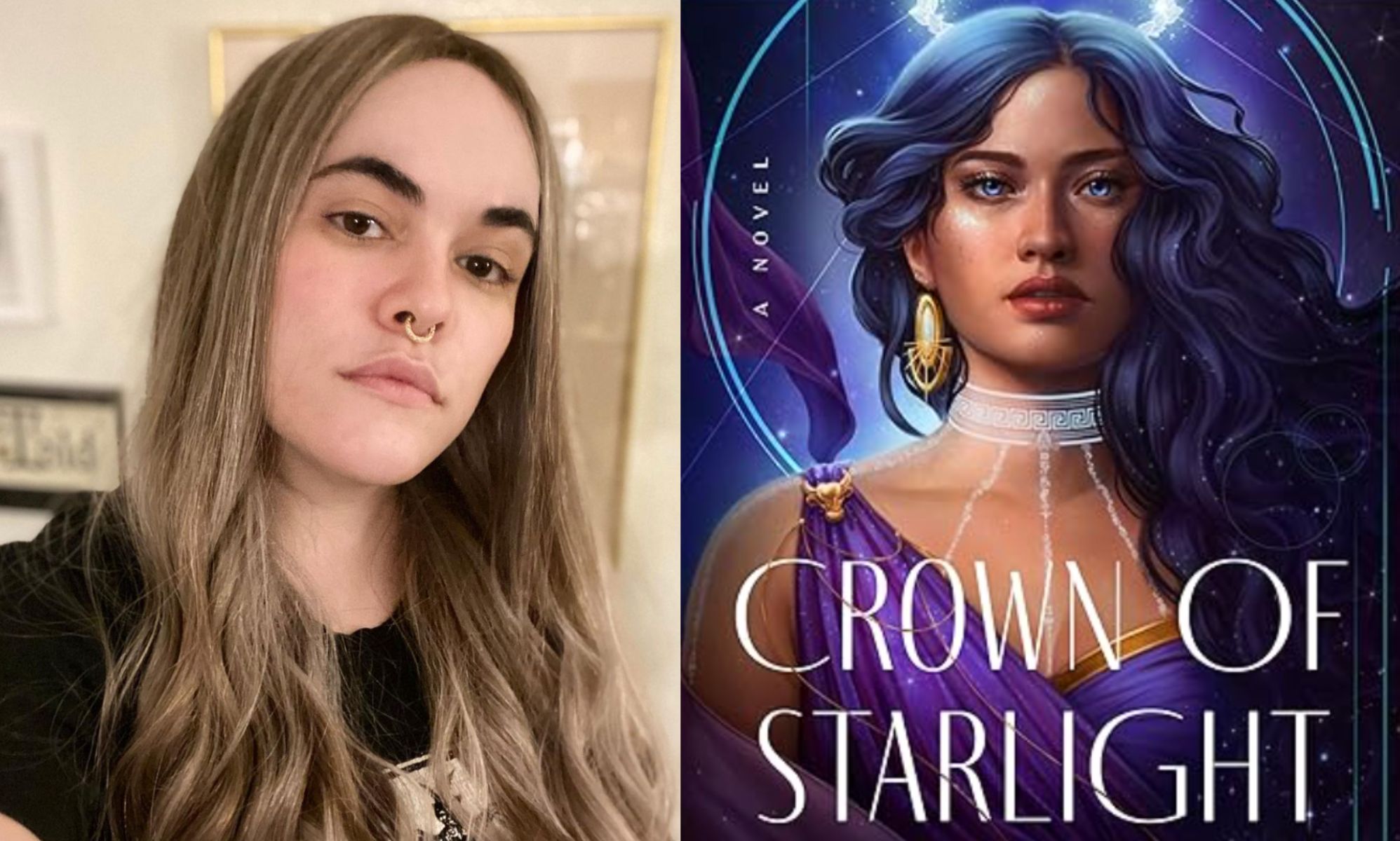 A side by side image of author Cait Corrain alongside their debut novel Crown of Starlight