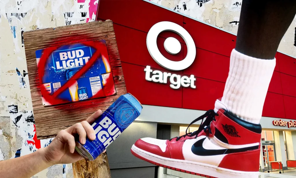 This is a collage image featuring the Target store logo, cans of bud light beer and Nike shoes