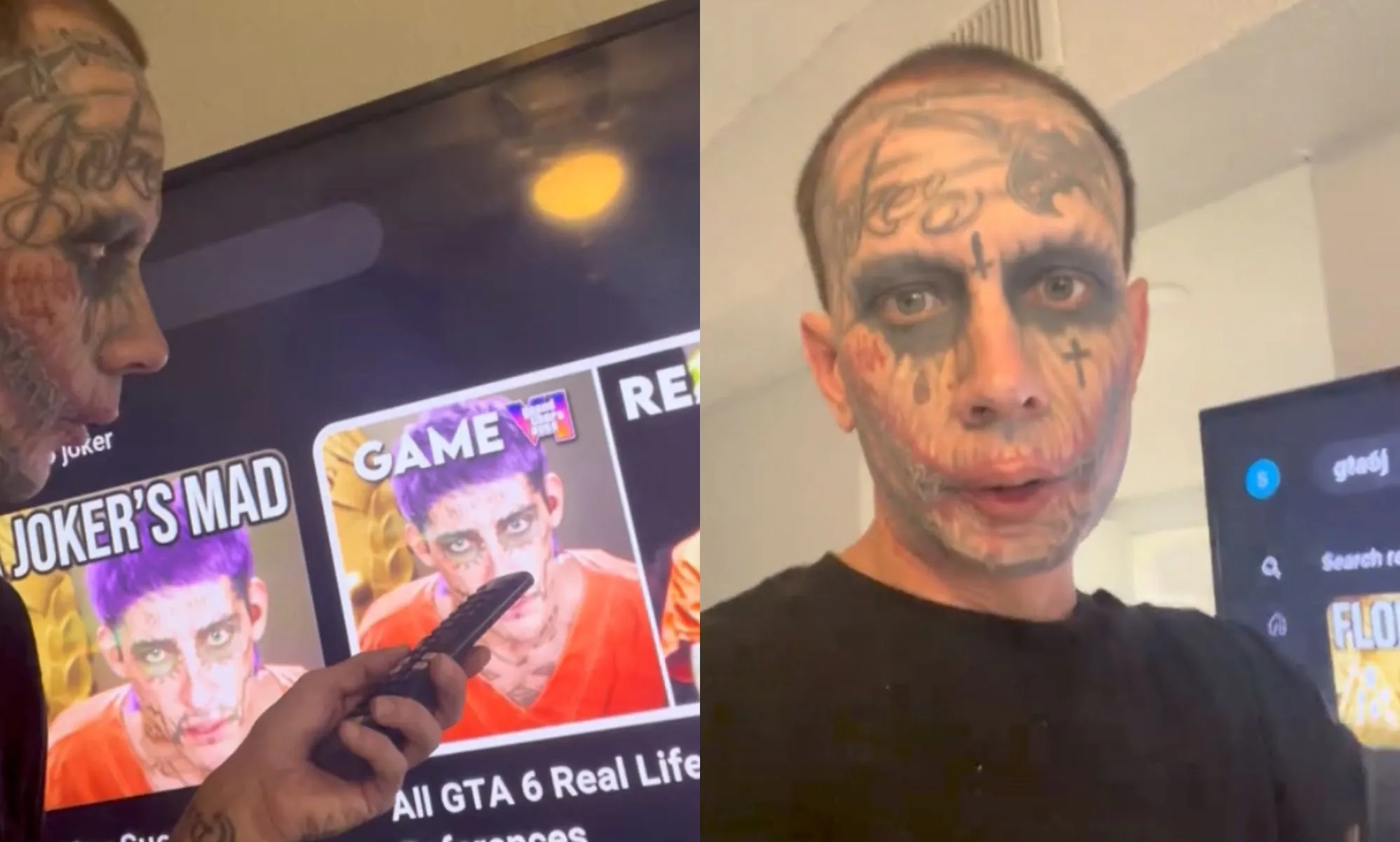 A split image of Lawrence Sullivan pointing towards a video game character he claims looks like him.