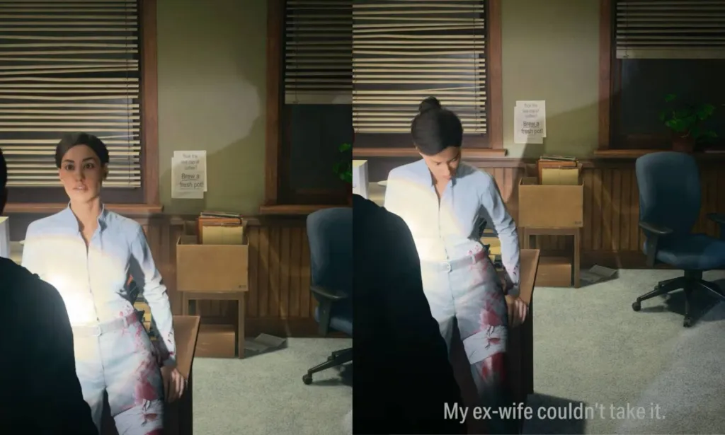 Una captura de pantalla del videojuego Alan Wake II del personaje LGBTQ+ Kiran Estevez hablando de tener una ex esposa.