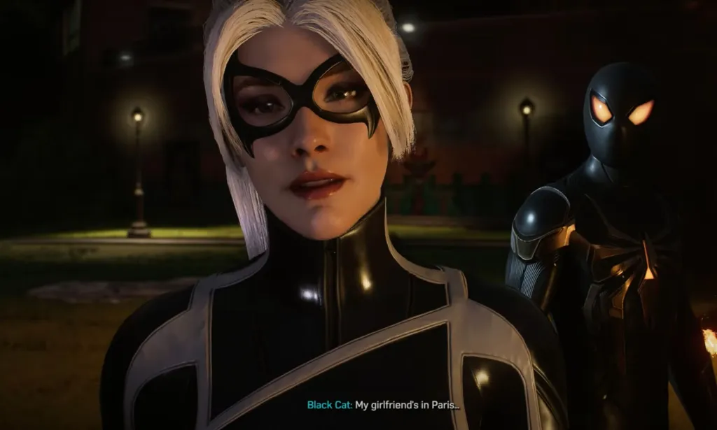 Una captura de pantalla del videojuego Marvel's Spider-Man 2 del personaje LGBTQ+ Black Cat, que viste un traje blanco y negro, hablando de su novia.