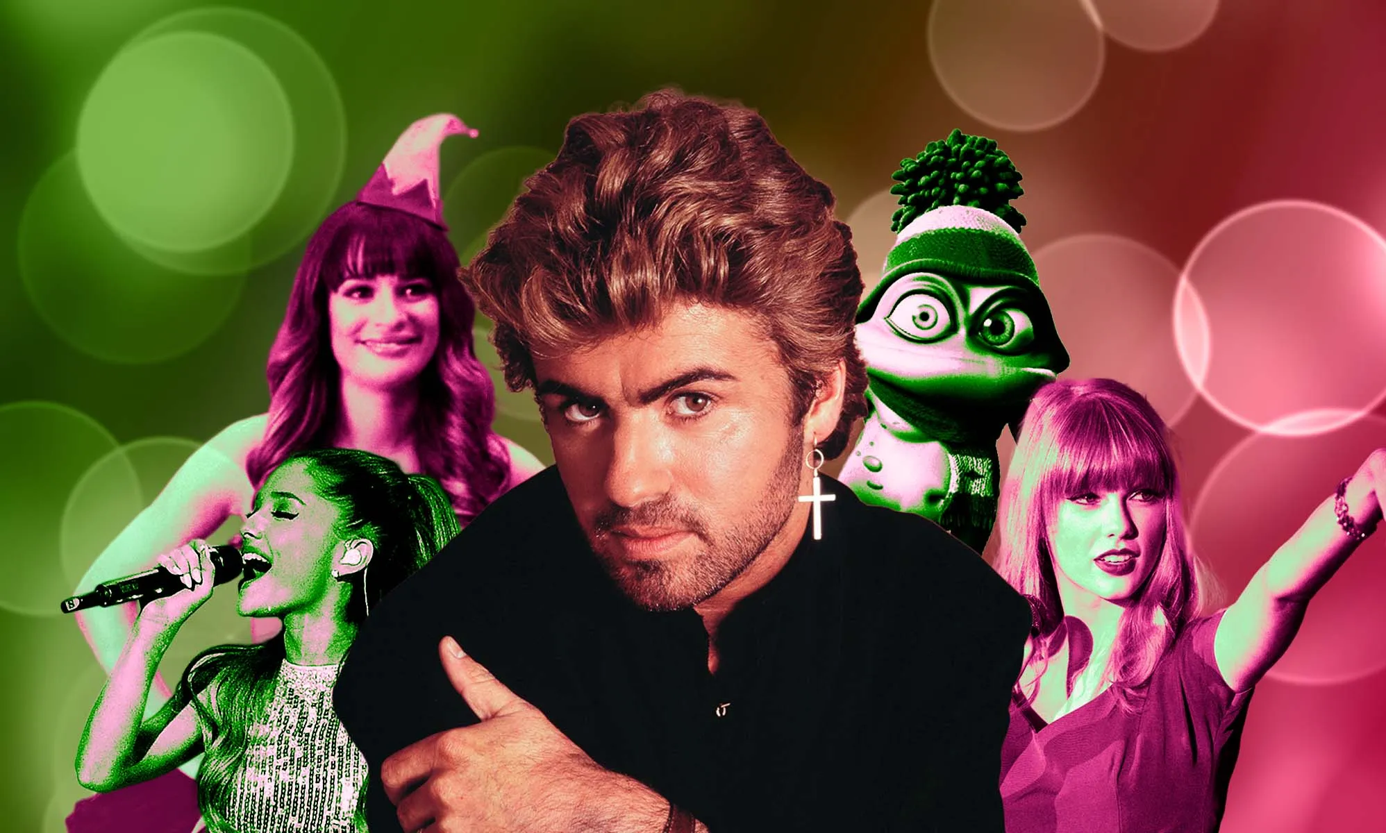 Ariana Grande, Rachel Berry, George Michael, Crazy Frog, Taylor Swift against a pink and green background.