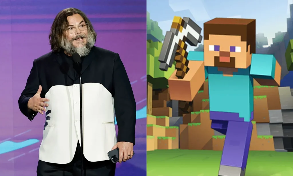 A side by side image of Jack Black and Steve from Minecraft. Jack Black is on the left, wearing a Black and white block shirt, speaking at an award show. On the right is Steve from Minecraft holding a pickaxe.