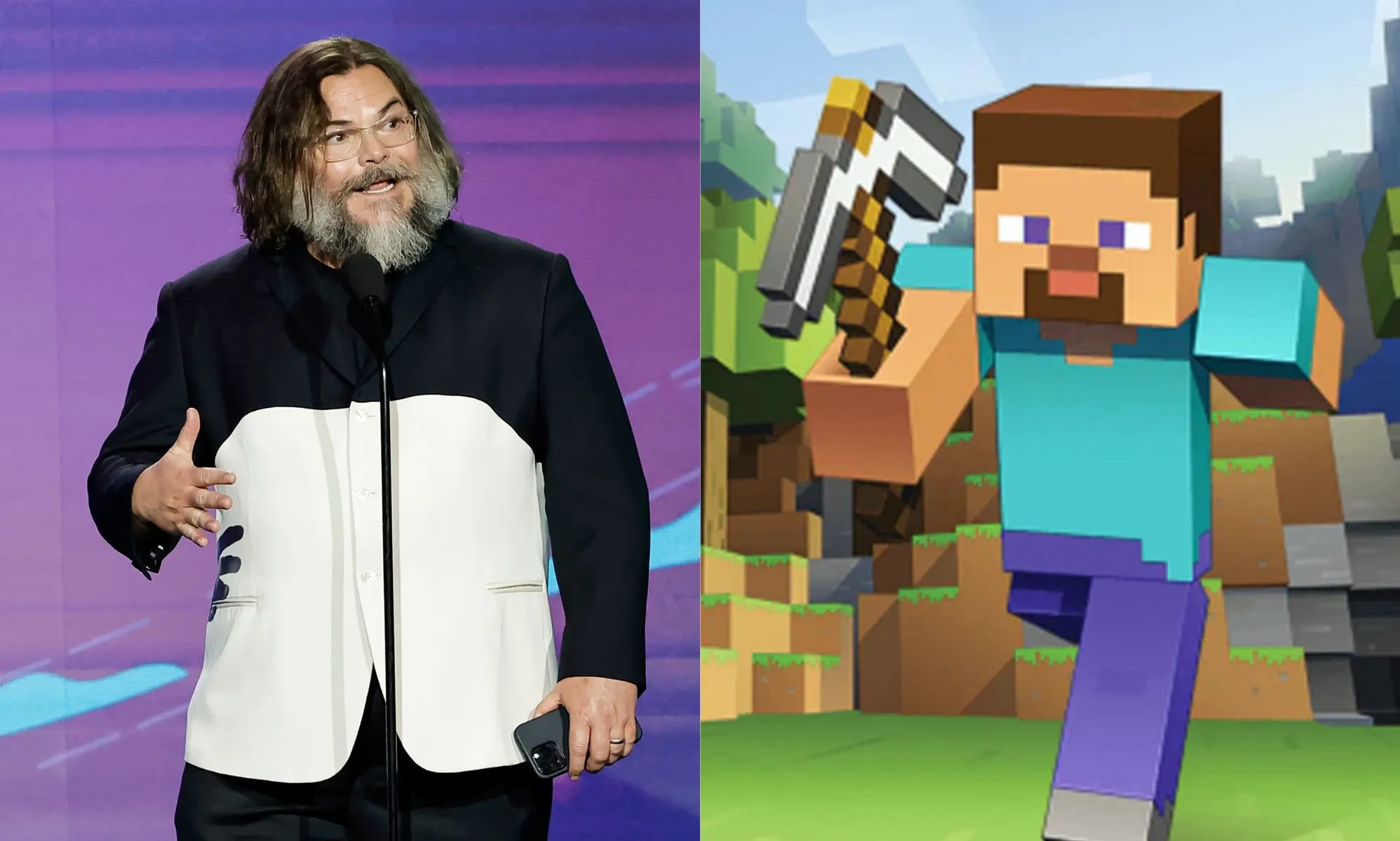A side by side image of Jack Black and Steve from Minecraft. Jack Black is on the left, wearing a Black and white block shirt, speaking at an award show. On the right is Steve from Minecraft holding a pickaxe.