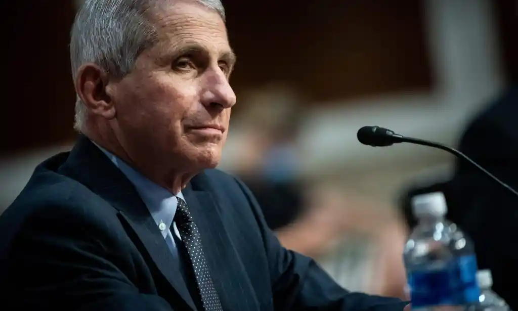 El Dr. Anthony Fauci se sienta en una mesa durante una reunión de salud pública