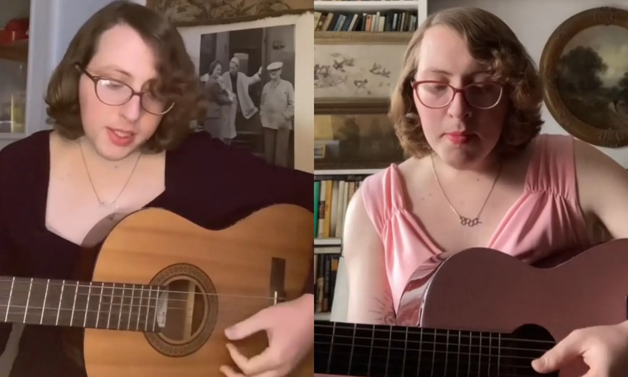 A split image of Marlene holding a guitar and singing.