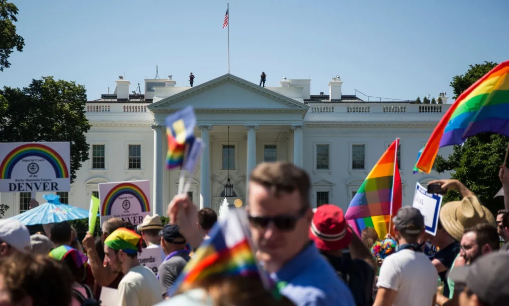 Demonstrators march past the White House during the Equality March for Unity and Peace on June 11, 2017 in Washington, DC