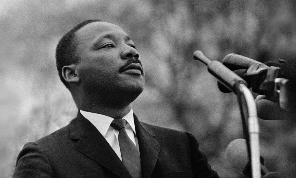 Dr Martin Luther King Jr speaks before crowd of 25,000 after the march from Selma to Montgomery, Alabama on March 25, 1965 in the fight for civil rights for Black people in America
