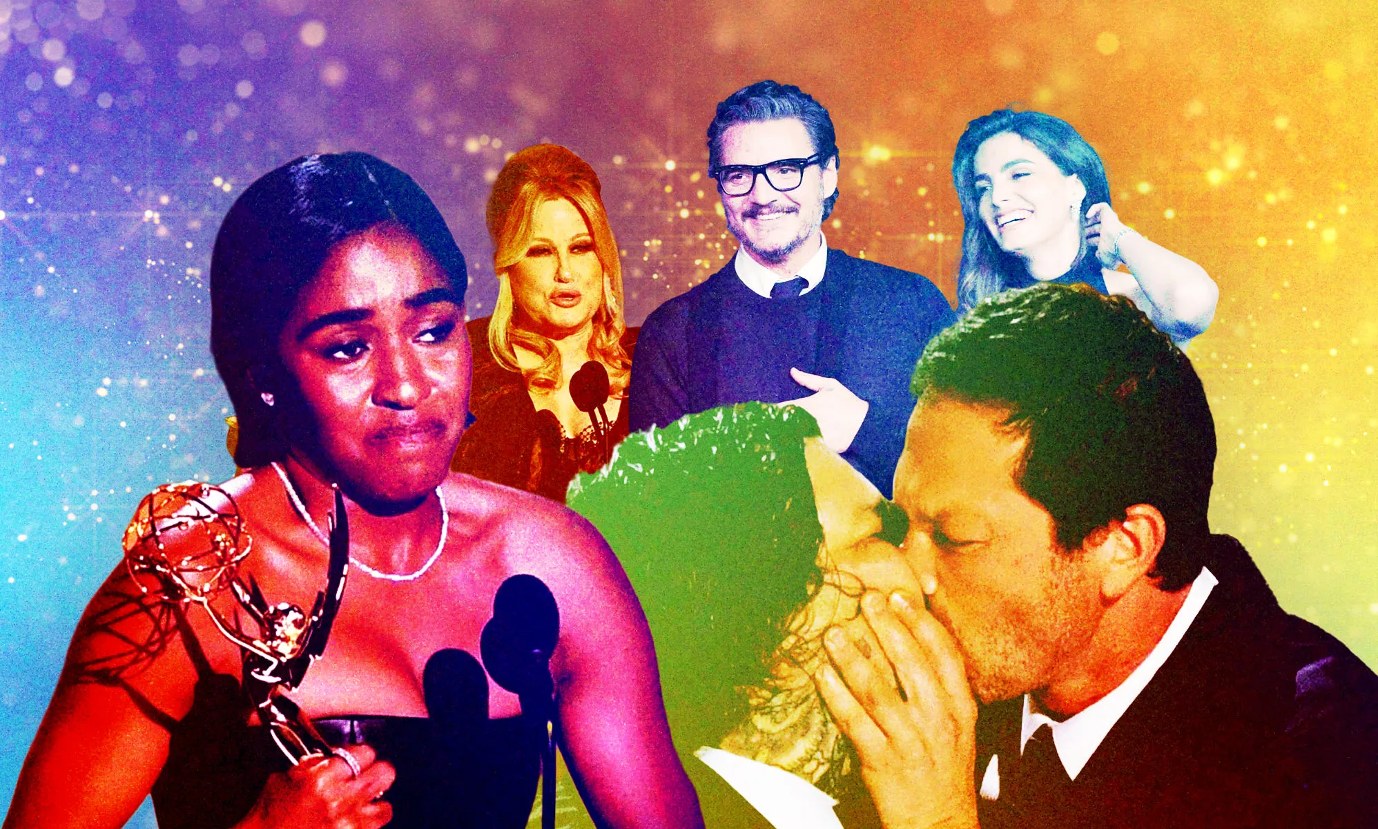 Left-right: Ayo Edebiri, Jennifer Coolidge, Pedro Pascal and Lux Pascal, along with The Bear stars Ebon Moss-Bachrach and Matty Matheson kissing at the 2024 Emmy Awards
