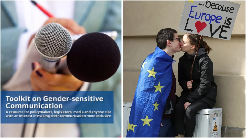 Image shows the cover of the gender-sensitive language toolkit on the left, and a couple kissing while wearing an EU flag on the right