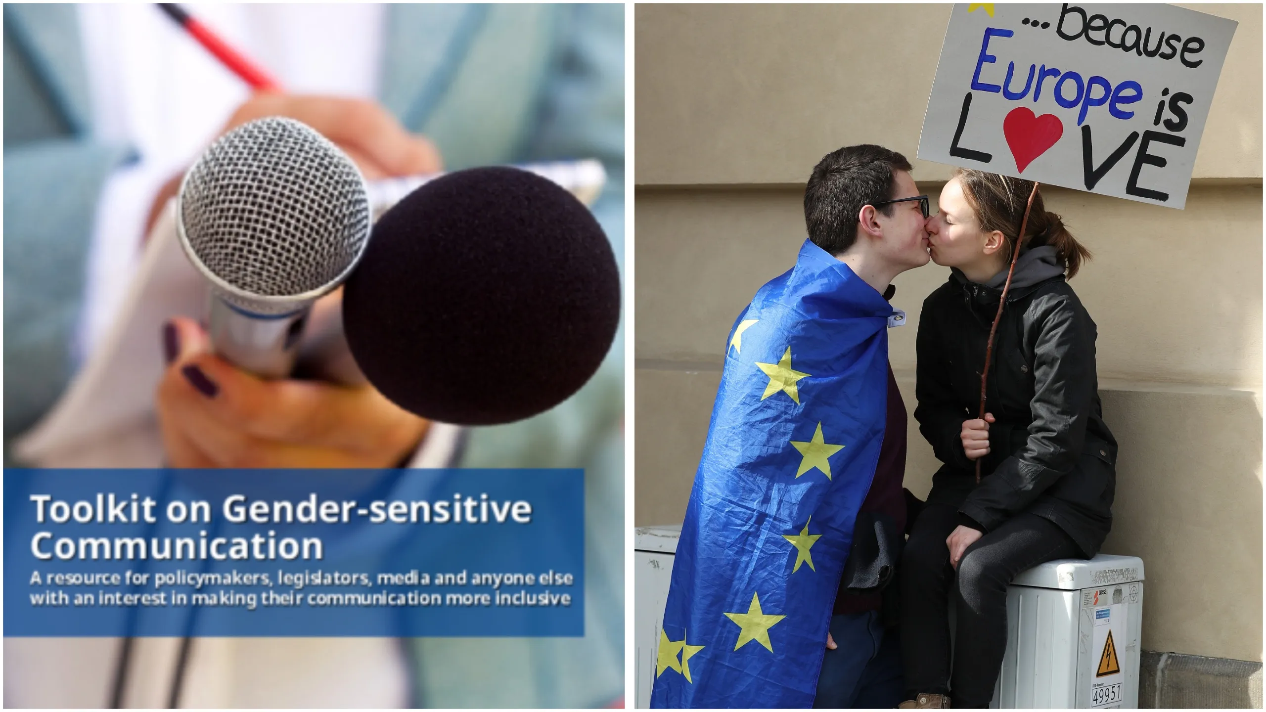 Image shows the cover of the gender-sensitive language toolkit on the left, and a couple kissing while wearing an EU flag on the right