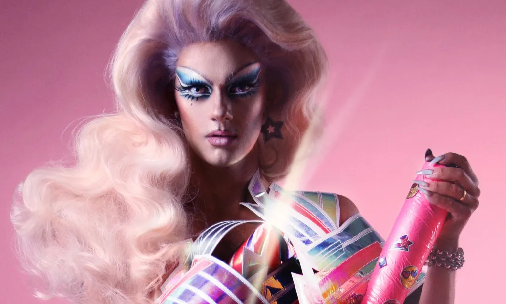 Una persona vestida de drag frente a un fondo rosa posa con un bate de béisbol rosa.