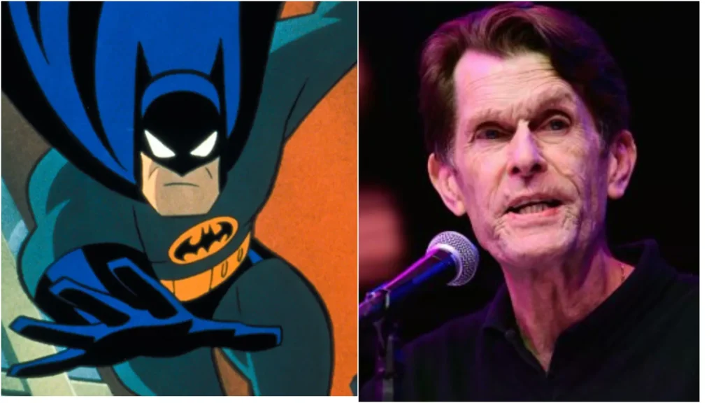 Split image, on the left is a cartoon image of Batman, as voiced by Kevin Conroy. On the right, Kevin Conroy speaks at a panel sitting in front of a microphone. He is an older man with dark hair.