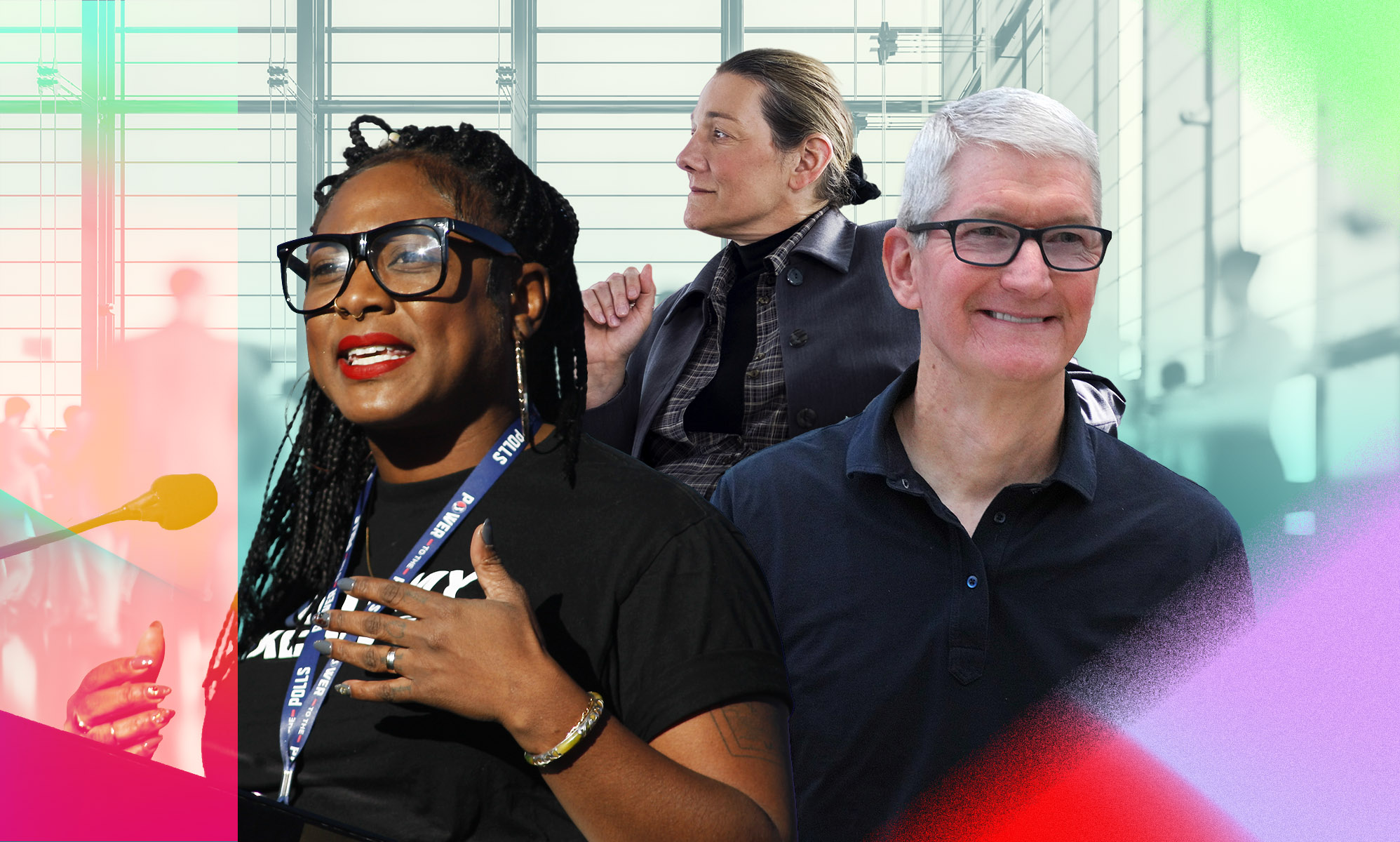 Alicia Garza is smilling while speaking. Tim Cook is wearing a black shirt and smiling, and Martine Rothblatt is in the background.