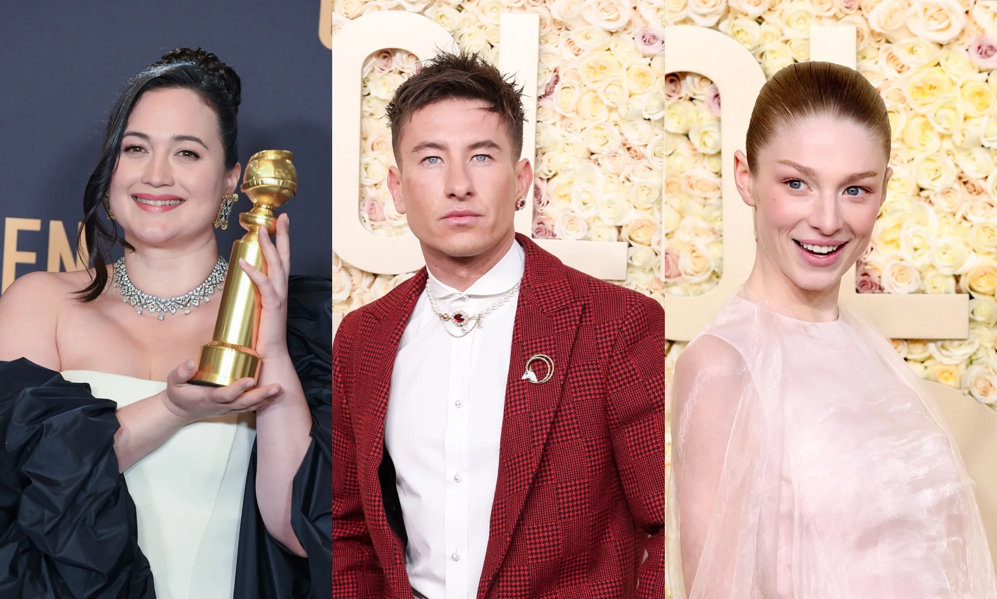 Lily Gladstone (left), Barry Keoghan (centre) and Hunter Schafer (right) at the Golden Globes 2024