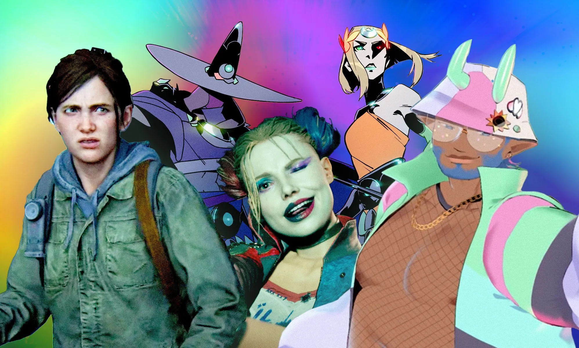 A graphic composed of various LGBTQ+ video game characters – including Harley Quinn, Ellie from The Last of Us II, a character from Spirit Swap and Hades II – in front of a rainbow coloured background
