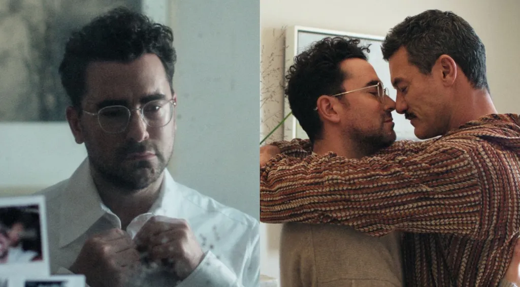 Dan Levy (izquierda) y Luke Evans (derecha) son compañeros en la película de Netflix Good Grief