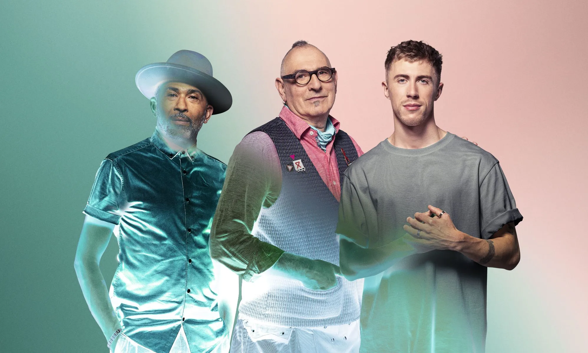 This is a picture of 3 men with a creative overlay and background.