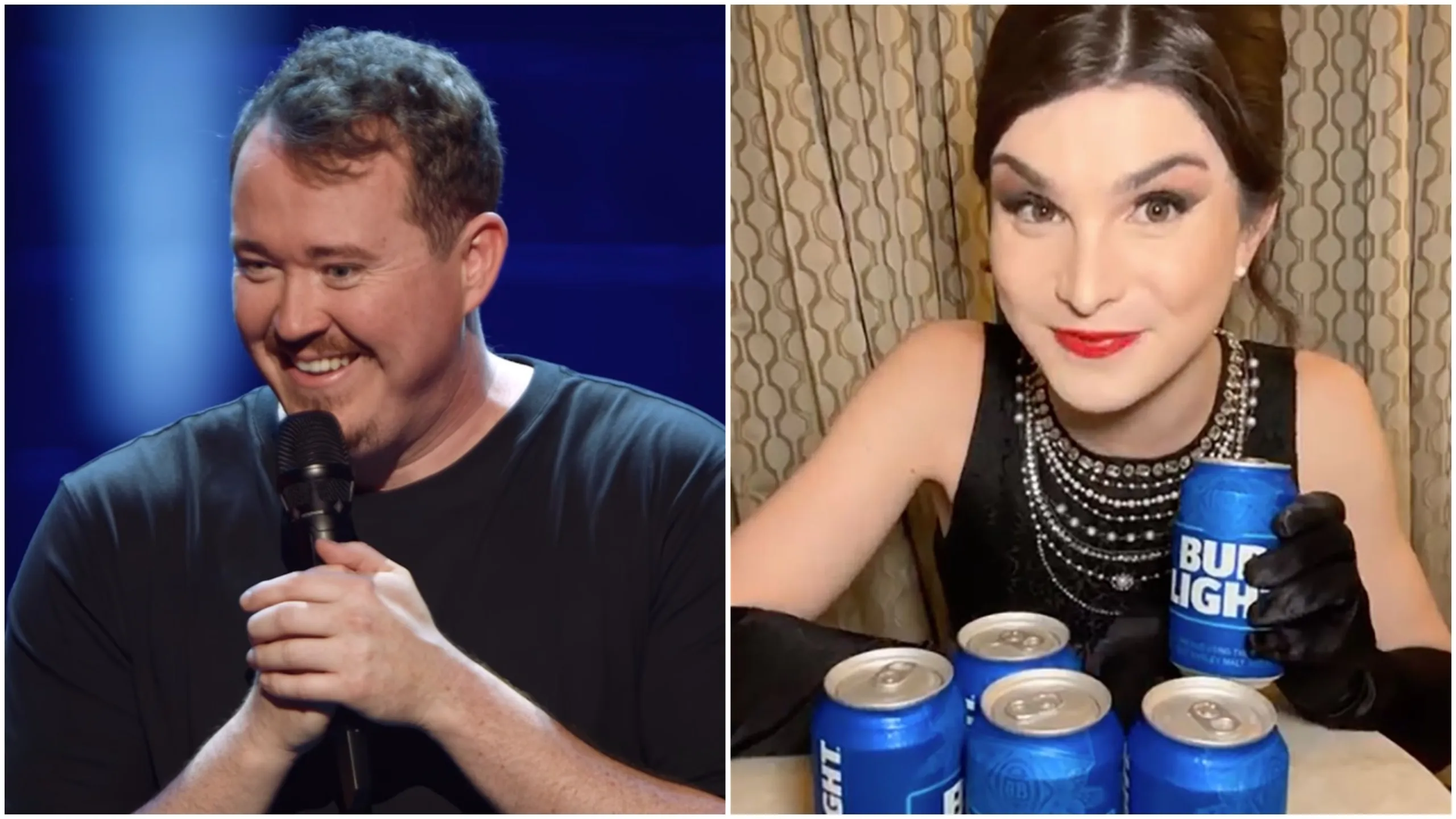 Composite image shows comedian Shane Gillis on the left, holding a microphone, and trans influencer Dylan Mulvaney on the right surrounded by Bud Light cans.