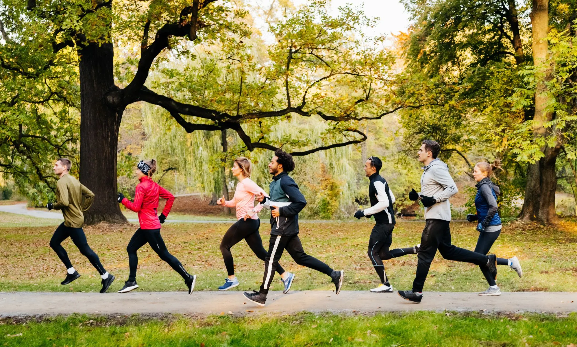 Six people of different genders and ages and race running in the woods, as Parkrun is a community event allowing for trans inclusion