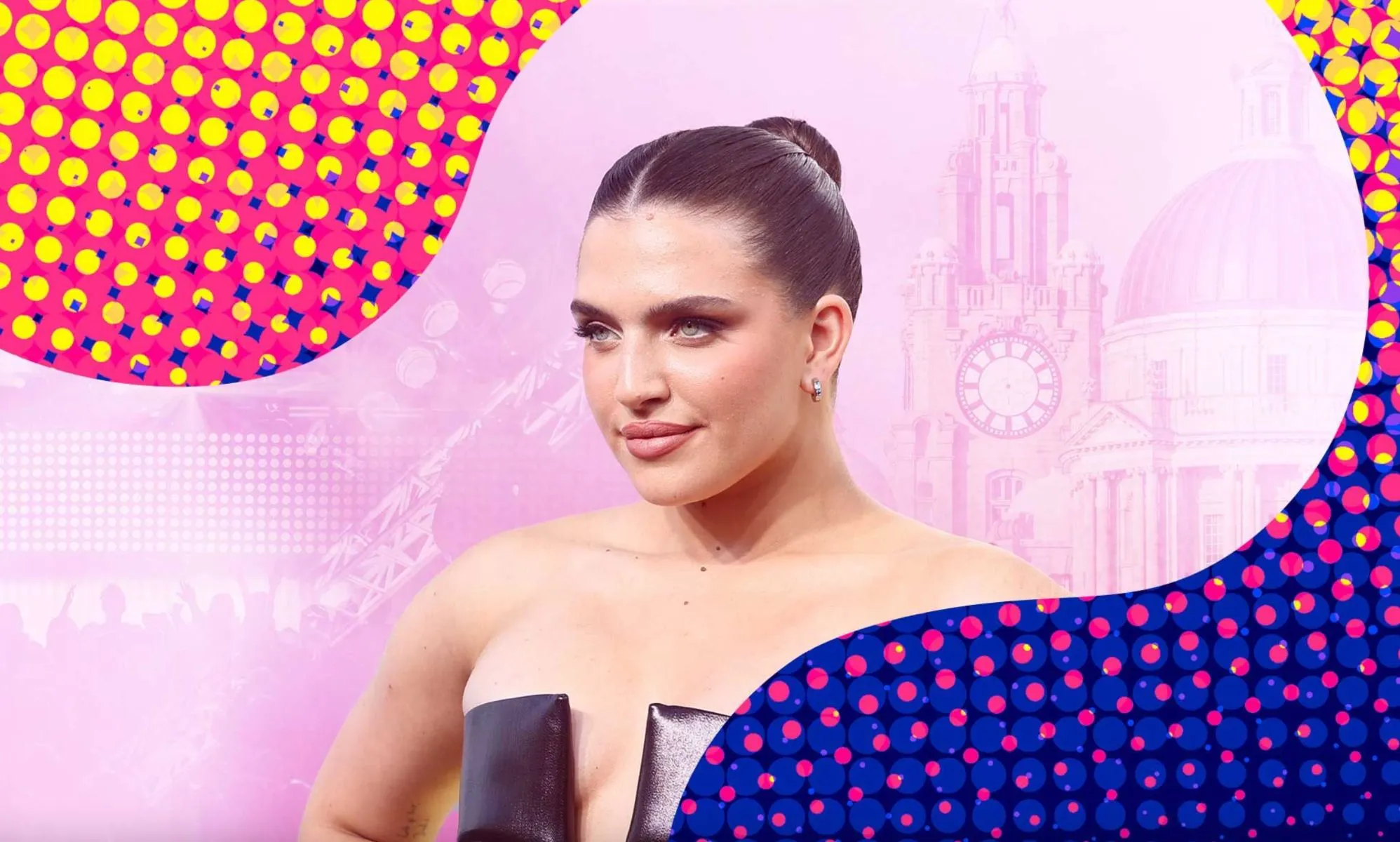 UK Eurovision act Mae Muller against a colourful background.