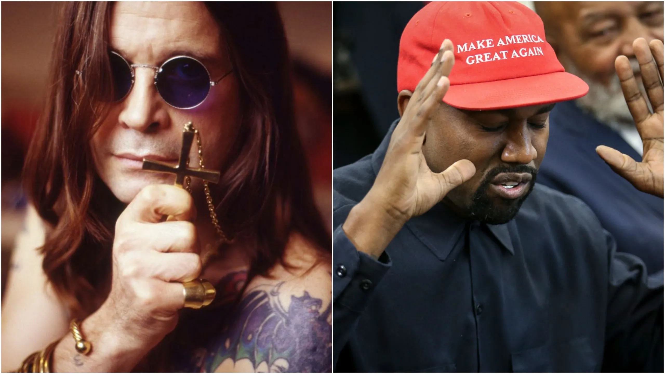 Split image showing Ozzy Osbourne, left, holding a cross, and Kanye West, right, wearing a Make America Great Again hat.