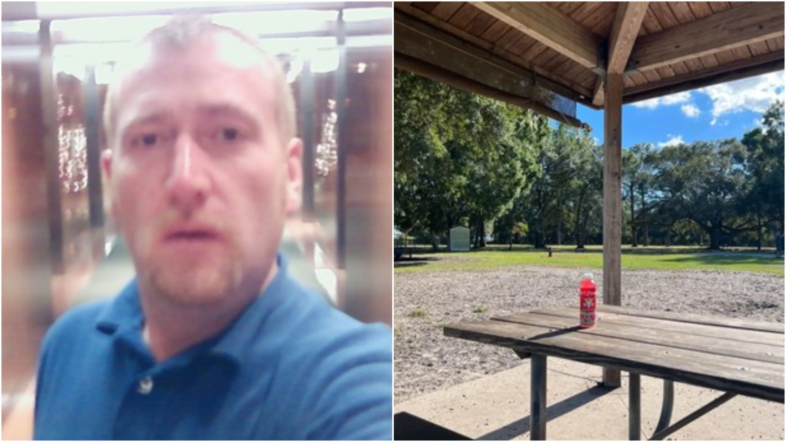Composite image showing John Walter Lay on the left, and a picnic bench at the dog park on the right.
