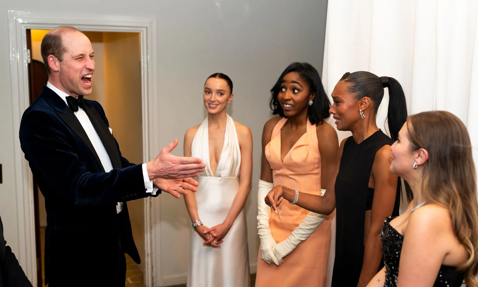 Prince William with Sophie Wilde, Phoebe Dyvenor, Ayo Edebiri, and Mia Mckenna-Bruce at the BAFTAs