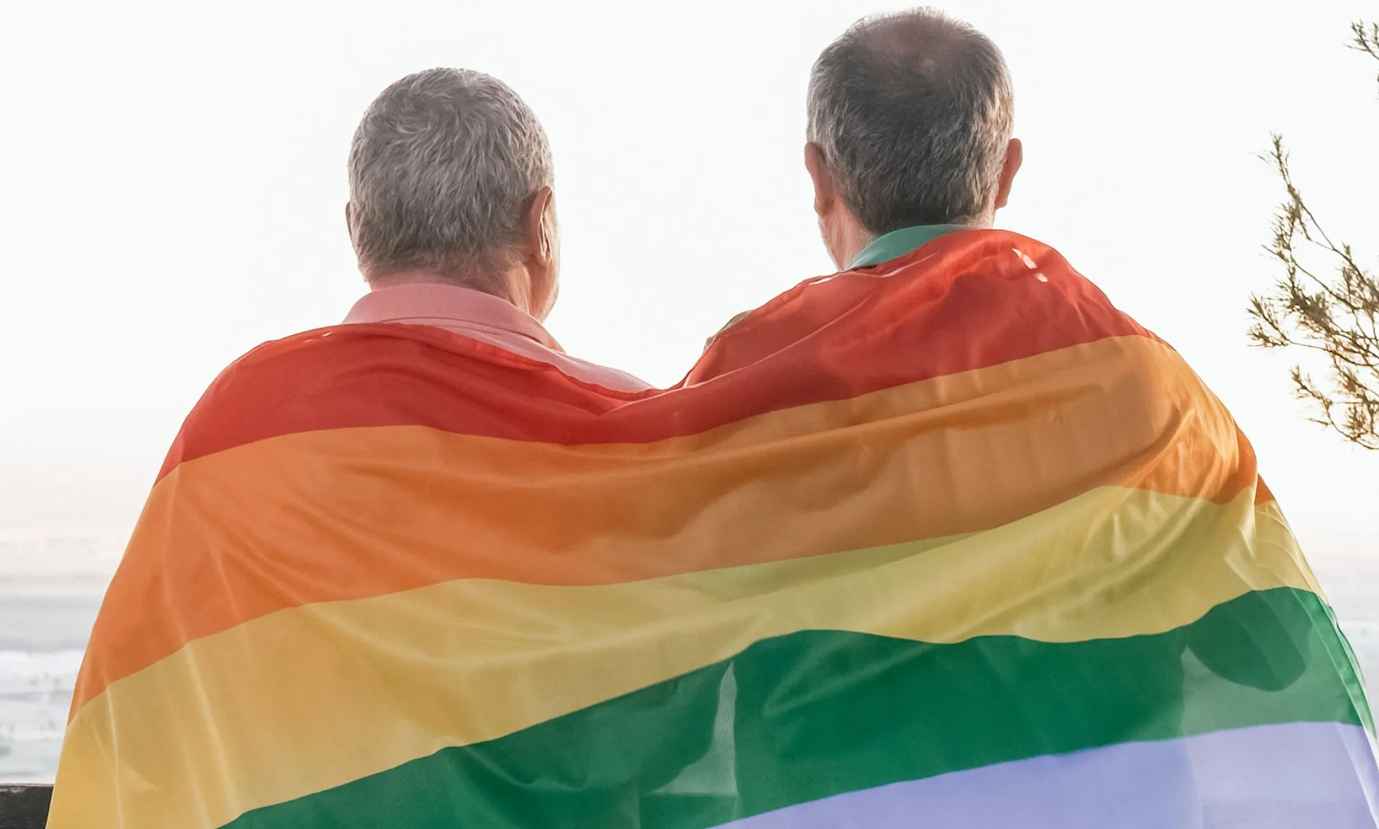 Two elderly people hudle together under a Pride flag.