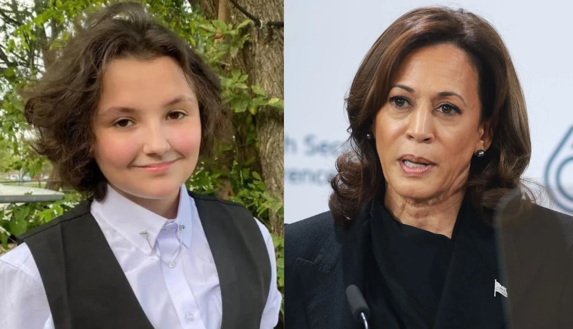 Non-binary Oklahoma teenager Nex Benedict (left) and US vice president Kamala Harris (right)