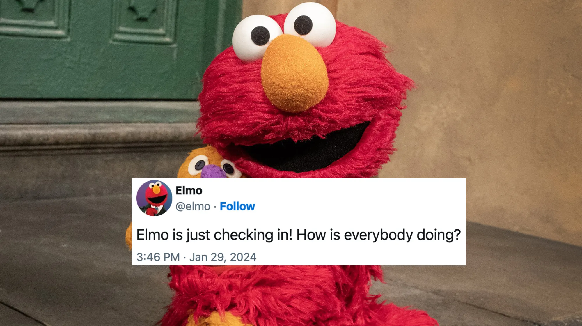 Image shows red Sesame Street puppet Elmo sitting on some steps with a superimposed caption that reads: Elmo is just checking in! How is everybody doing?