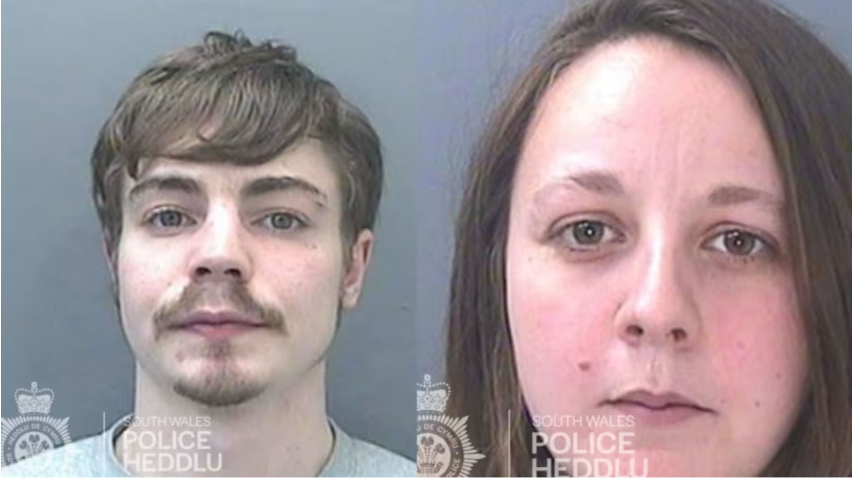 Image shows the two attackers in mugshot format, the young man has a beard while the woman has long dark hair