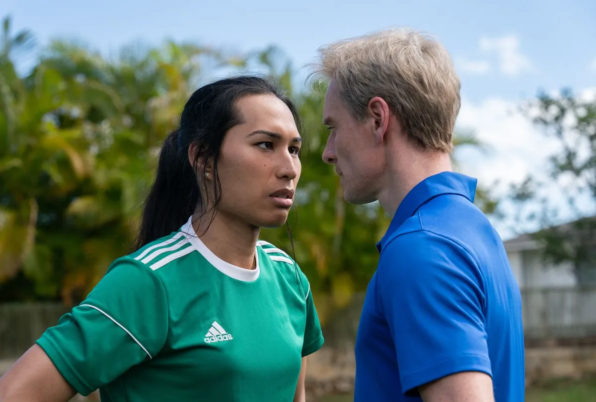 Two soccer players face off in underdog movie Next Goal Wins