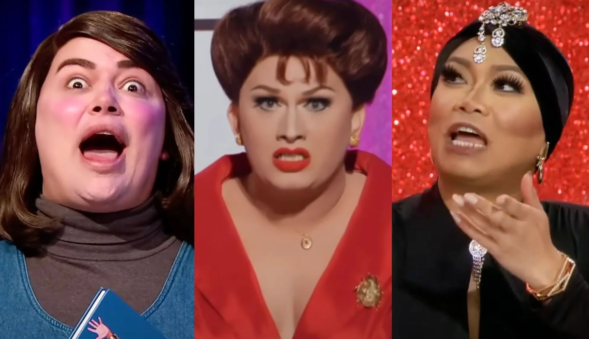 Left-right: Baga Chipz as Kathy Bates in Misery, Jinkx Monsoon as Judy Garland and Jujubee as Eartha Kitt in RuPaul
