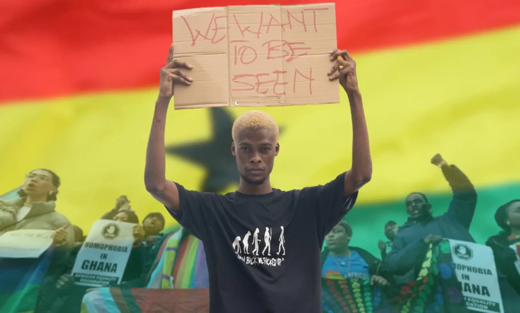 A graphic composed of the red, yellow and green flag of Ghana; people protesting against an anti-LGBTQ+ bill proposed by Ghanaian lawmakers; and a Ghanaian queer activist holding up a sign reading