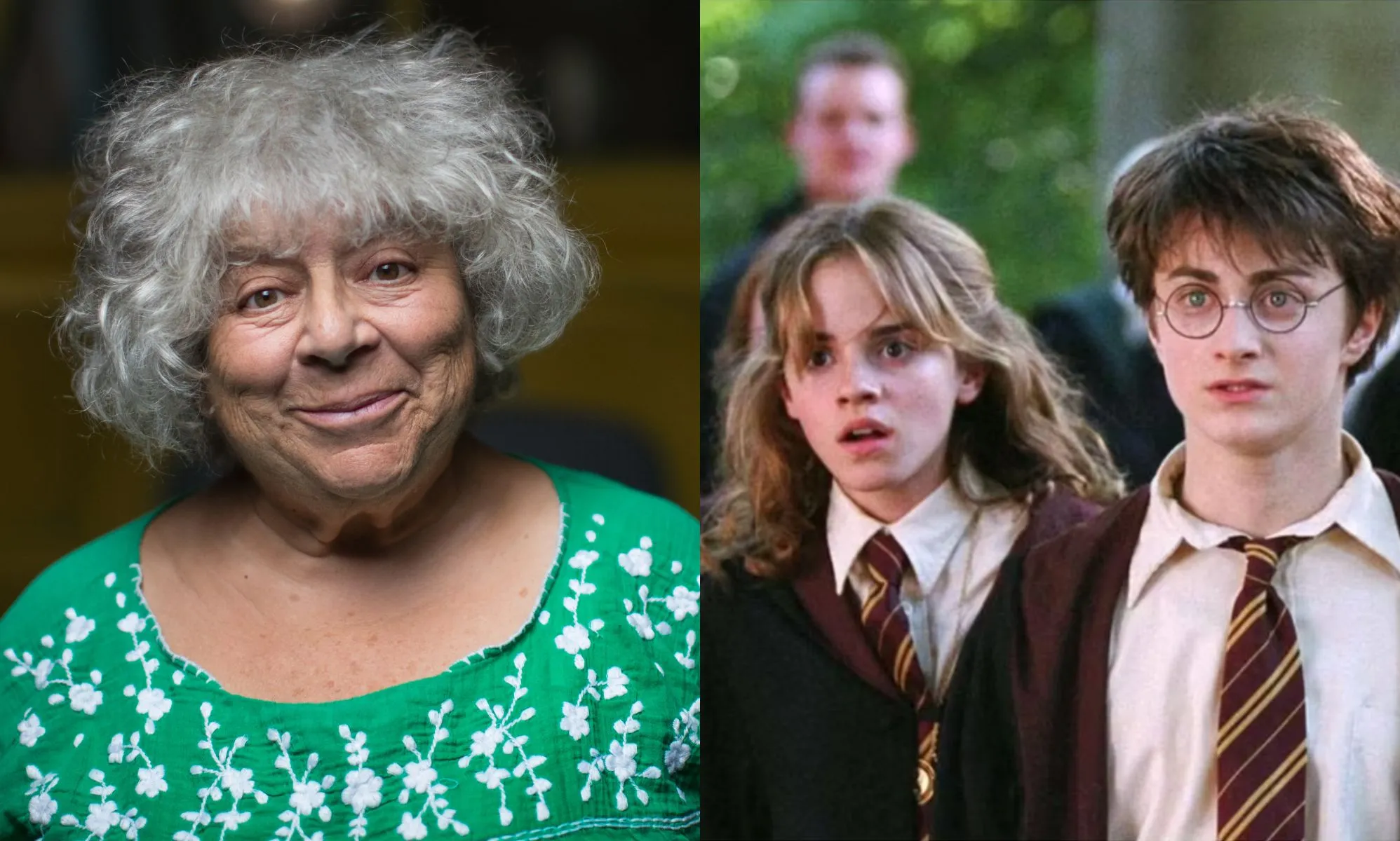 Miriam Margoyles in a green top (left) and Hermione Granger and Harry Potter in Harry Potter (right).