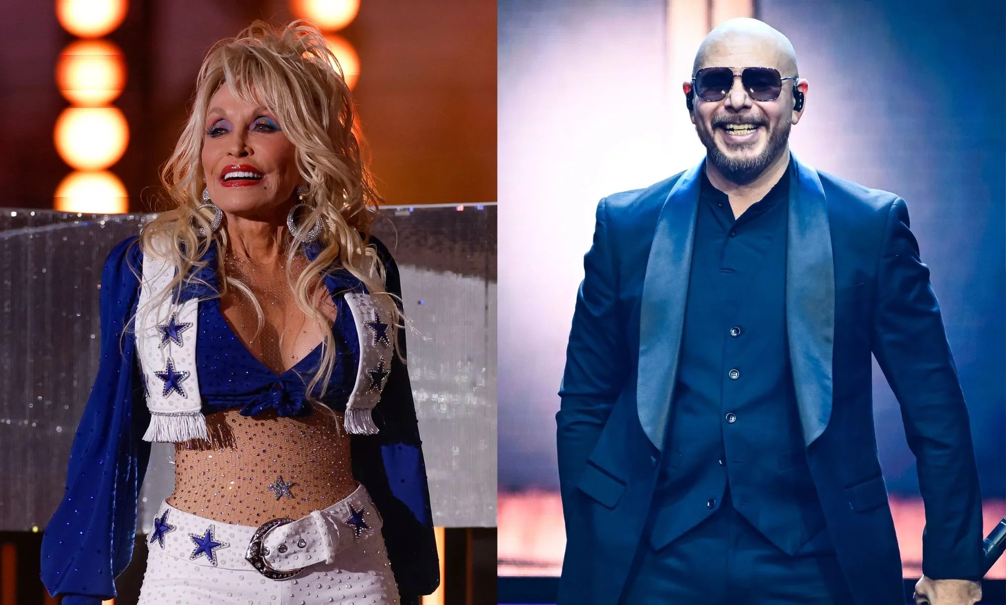Dolly Parton (left) and Pitbull (right)