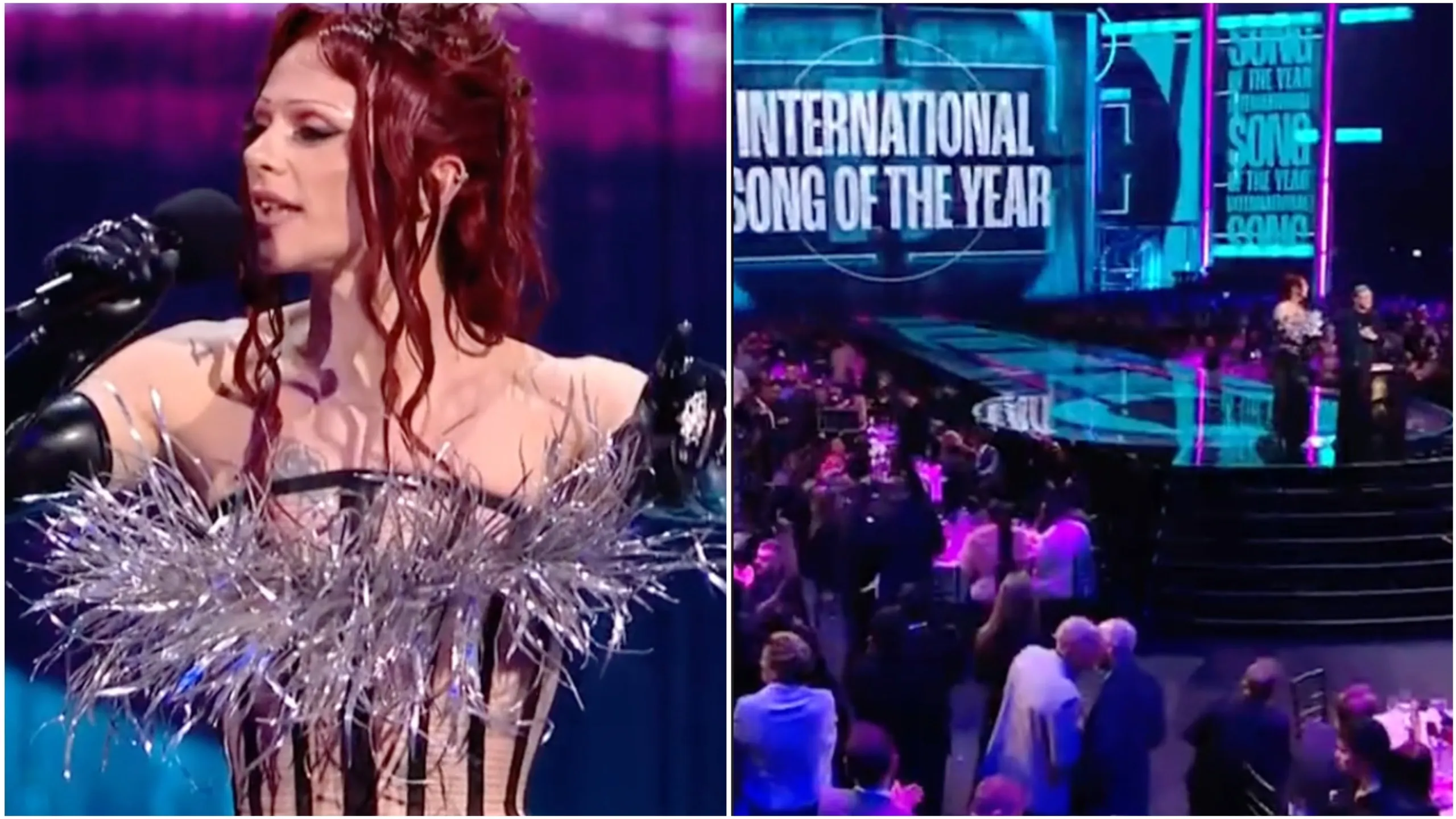 Composite image, on the left is a close up of Bimini, who is wearing a corset and speaking into a microphone. On the right is a wide angle shot of them on stage with the International Song Of The Year logo behind them