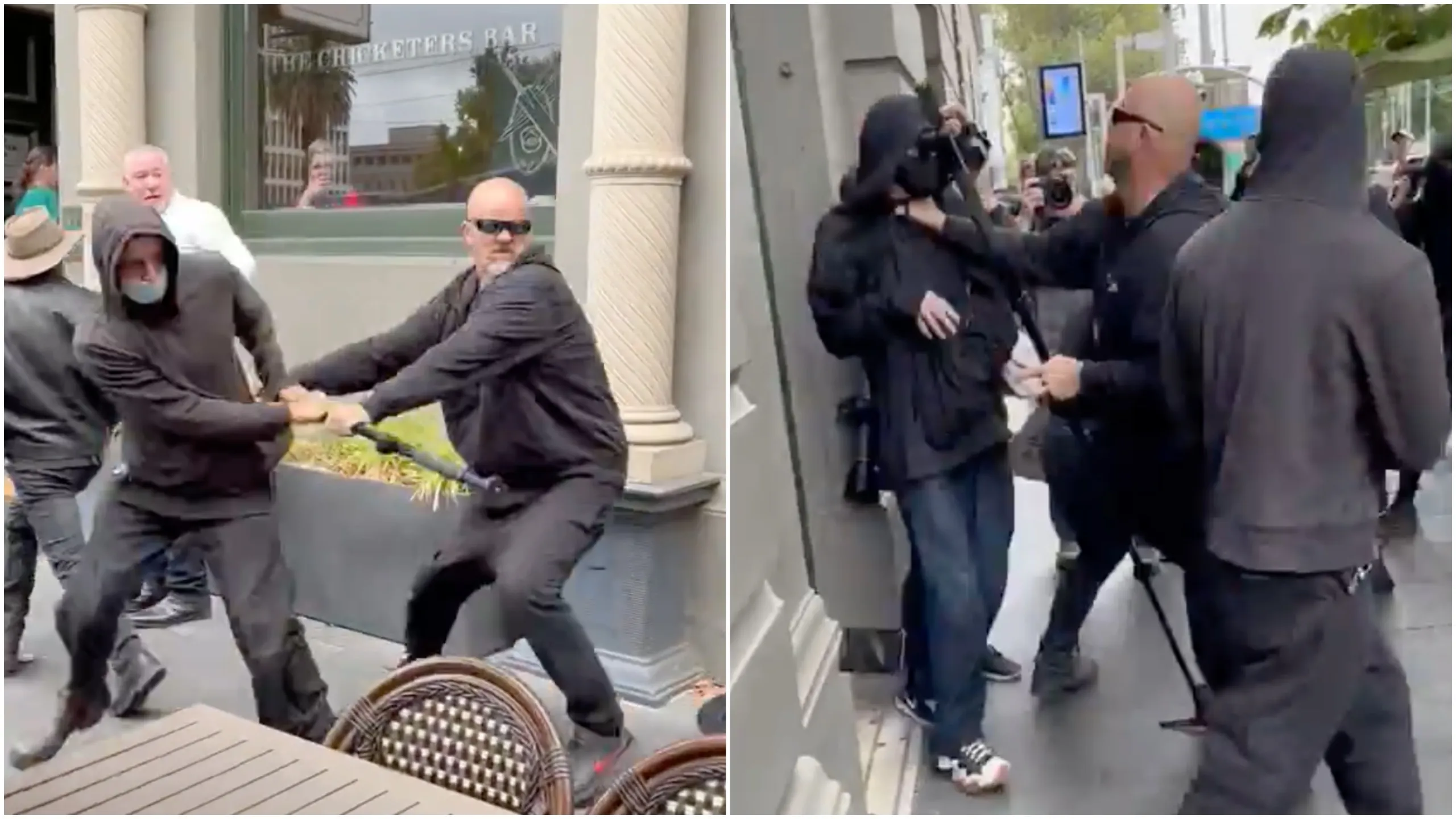 A shaven-headed man is seen fighting with other people outside a bar in Melbourne