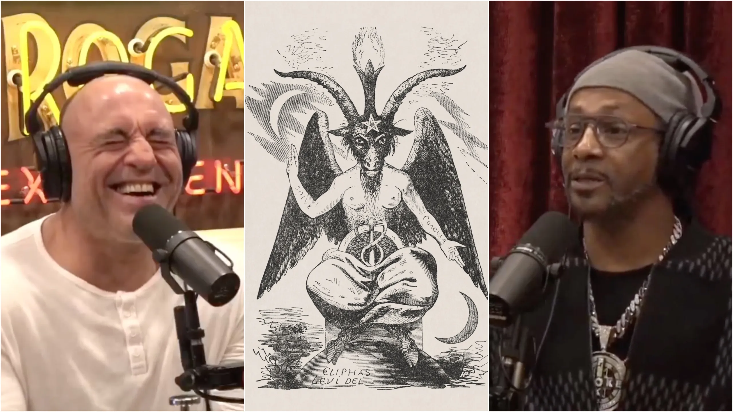 Image shows podcast host Joe Rogan laughing on the left, an illustration of the demon Baphomet in the middle, and actor Katt Williams on the right