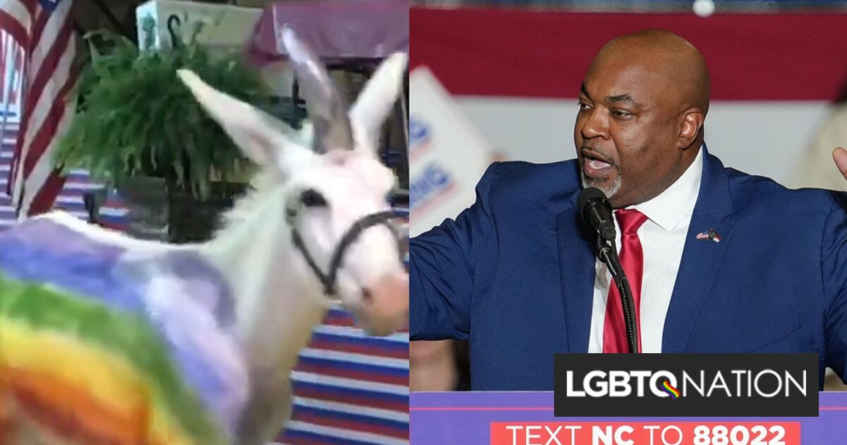 Un hombre hace desfilar un burro pintado de arcoíris durante un mitin de campaña del Partido Republicano en un extraño ataque a personas trans