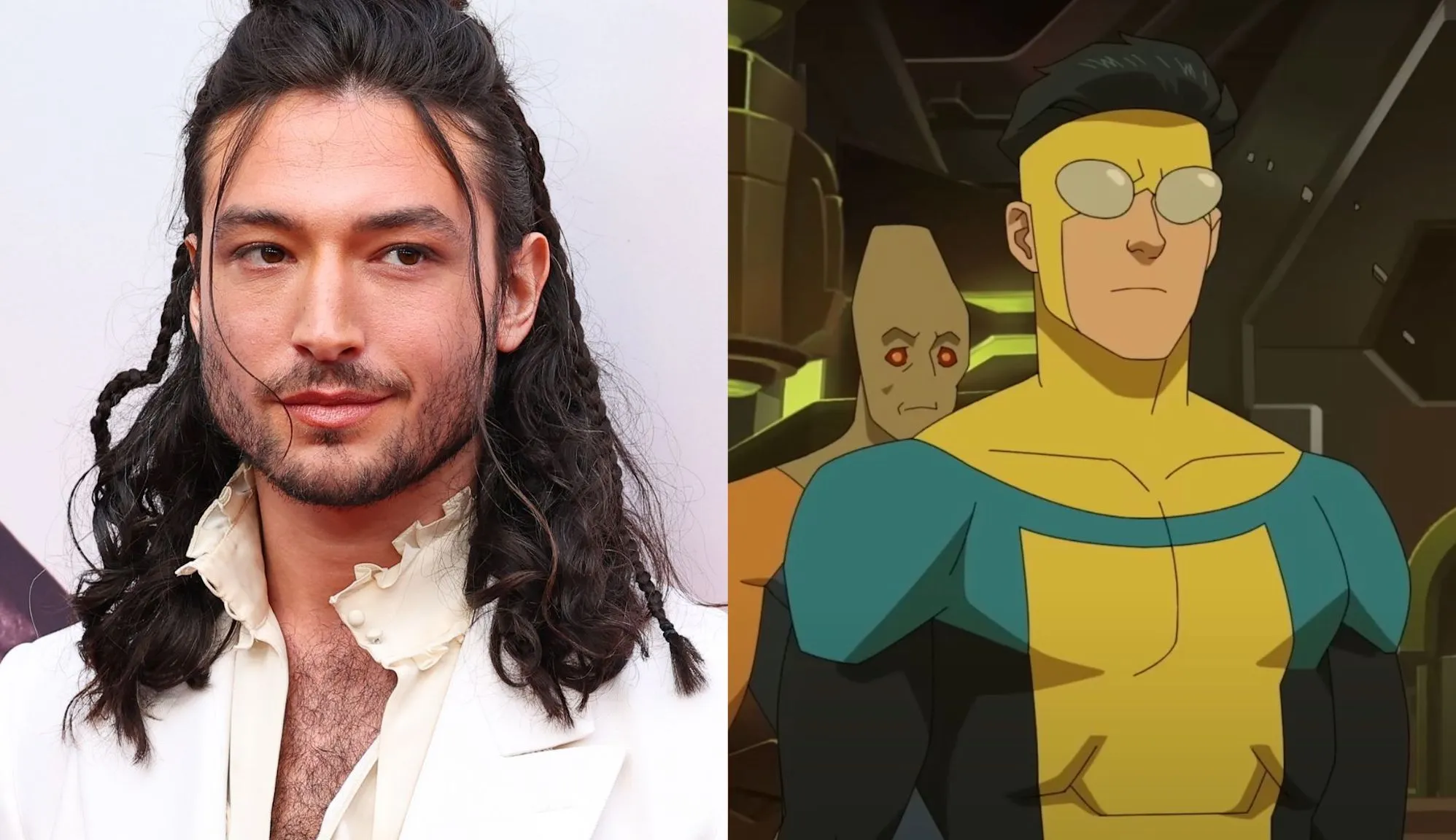 Ezra Miller (left) and a picture of Invincible in season two of the Prime Video animated superhero series. (right)