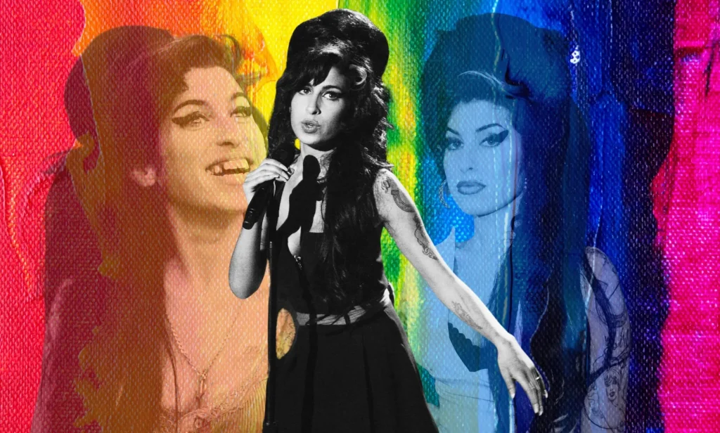 A rainbow background with three images of Back to Black singer Amy Winehouse against it, all in black and white.