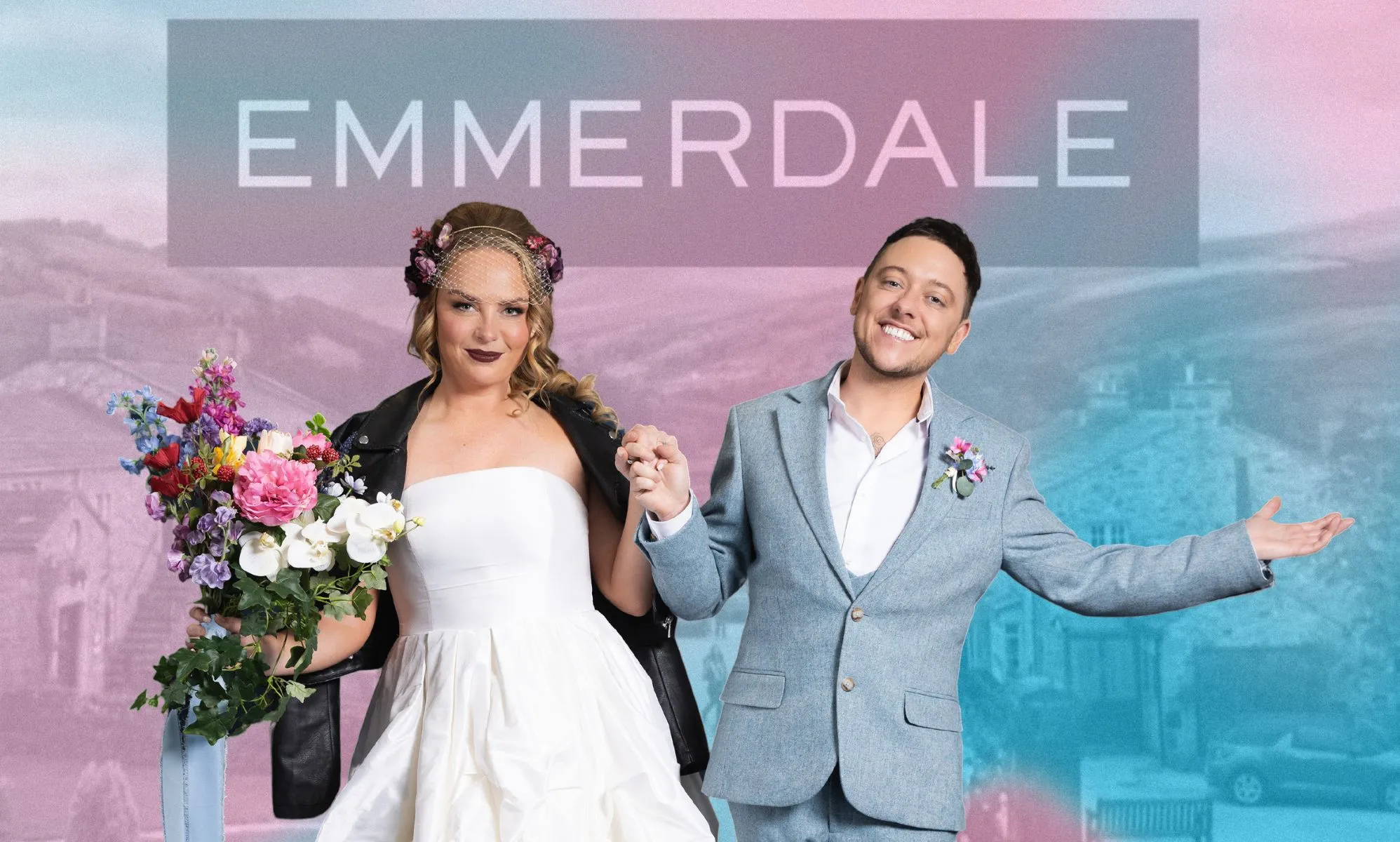 A graphic composed of a pink and blue gradient, the logo to ITV