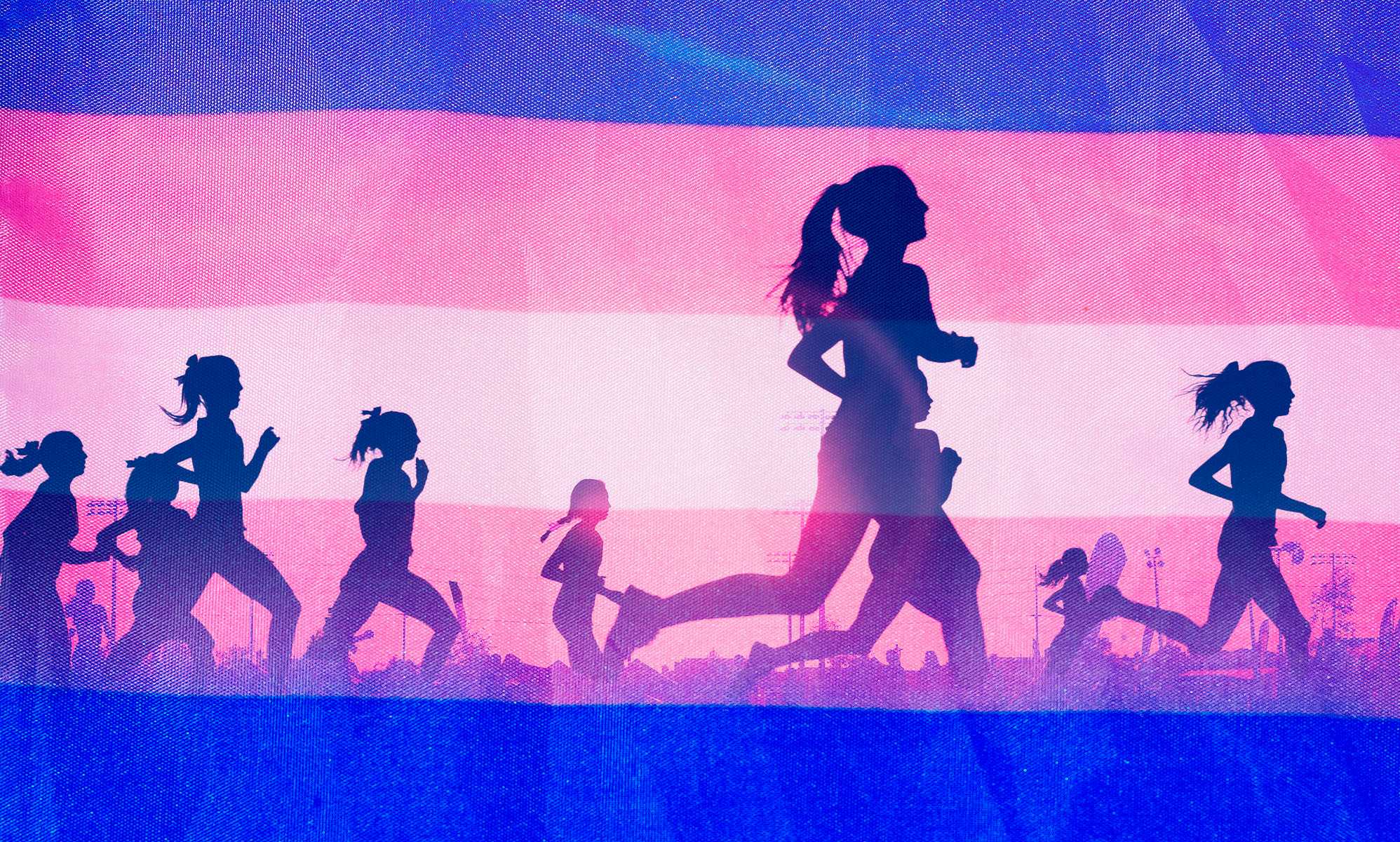 People running in front of a trans flag.